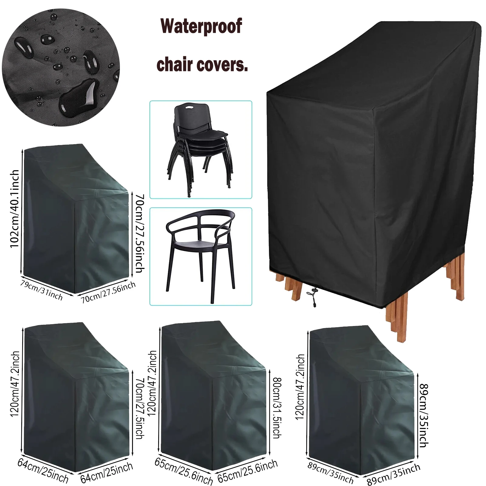 210D Oxford-Stoff Wasserdichter Stuhlbezug, Schwarzer Outdoor-Terrassen-Sitzhocker-Bezug, Großer Allwetter-Möbelschutz