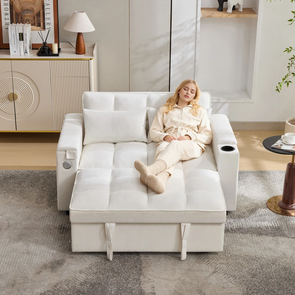 3-in-1 Konvertierbares Ausziehbares Schlafsofa, Modernes Klappbares Tagesbett-Loungesofa mit Verstellbarer Rückenlehne, USB-Ladeanschluss, Verstecktem Tisch