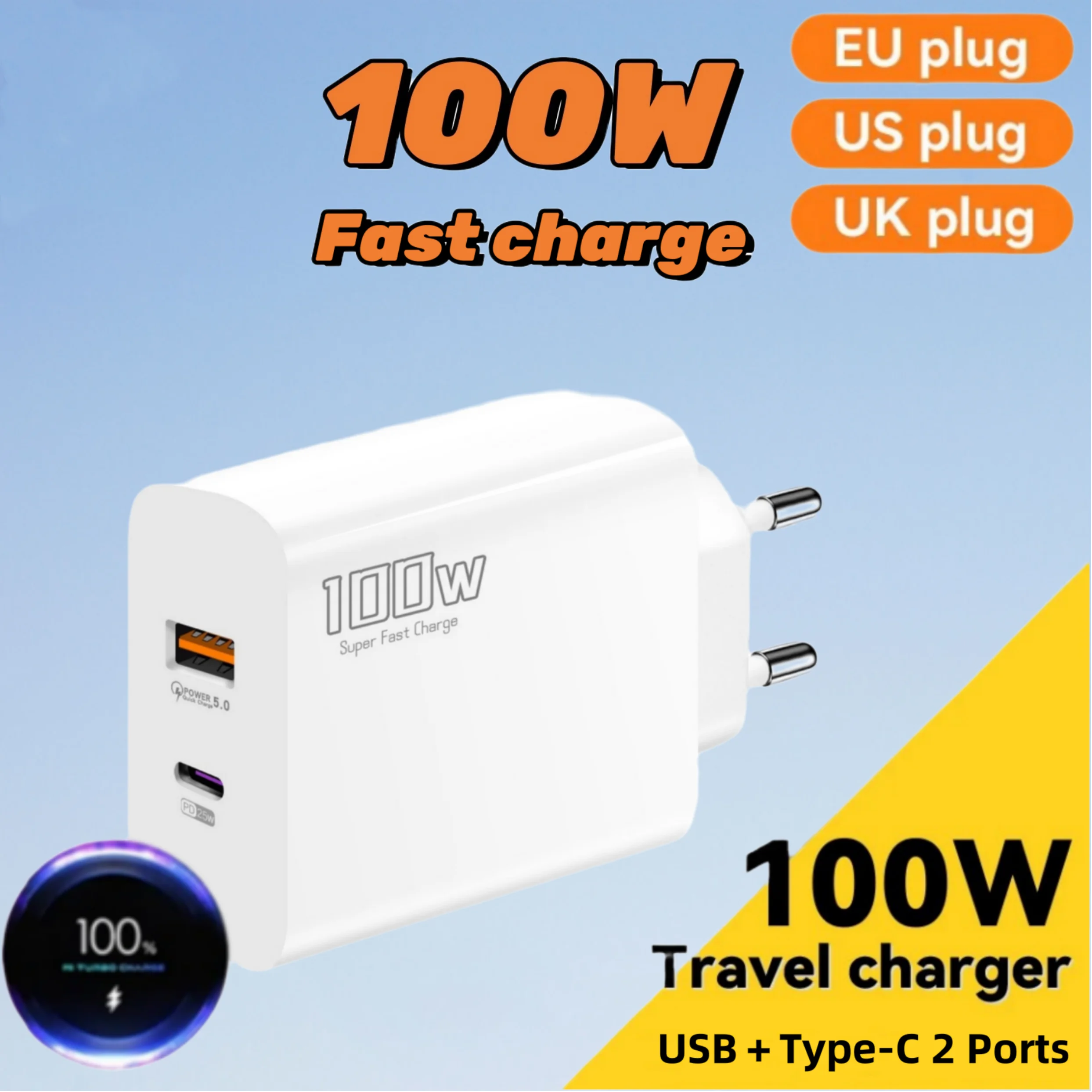 Neues 100-W-Schnellladegerät mit zwei Anschlüssen, USB Typ C, Super-Ladekopf für Mobiltelefone, kompatibel mit Huawei und iPhone, EU/UK/US 2025 Image