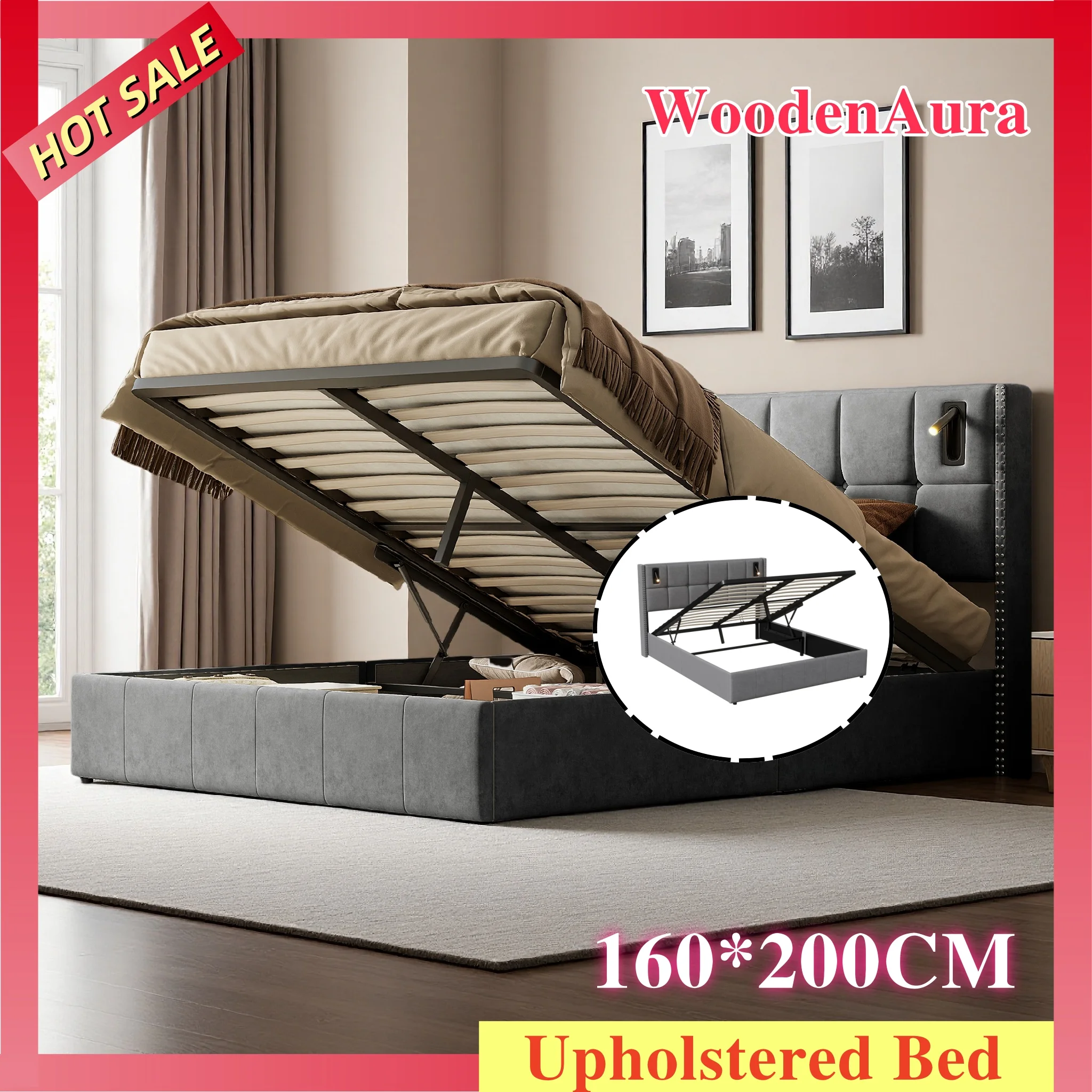 WOODENAURA 160x200 cm großes Bettgestell mit Stauraum, Bettgestell mit Stauraum, Doppelbett mit LED-Leselampen, Lattenrost, grauer Samtstoff Image
