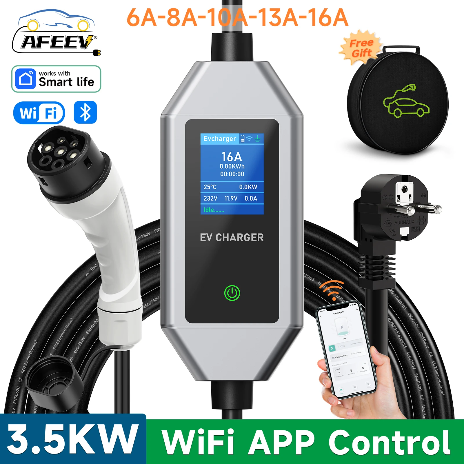 AFEEV Typ2 Tragbares EV-Ladegerät 3,5KW 16A Elektroauto-Ladegerät EVSE Schnell-Ladekabel Wallbox WiFi APP Bluetooth-Steuerung Image