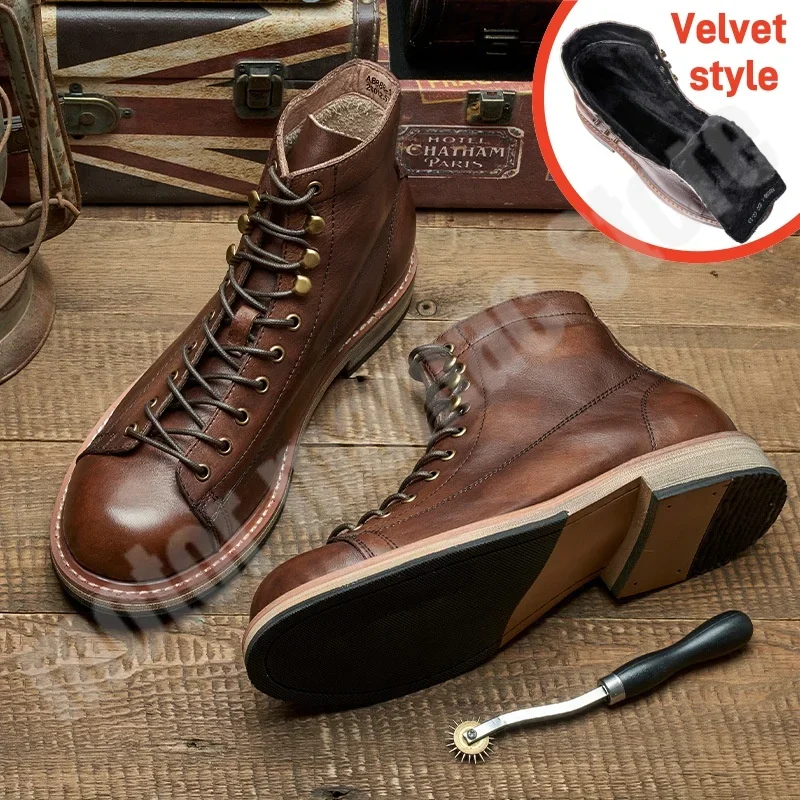 Britische Retro-Leder-Motorrad-Reitstiefel mit Obermaterial aus Rindsleder, Arbeitskleidung, Freizeitschuhe, Winter-Plüsch, warme Motorrad-Rennstiefel