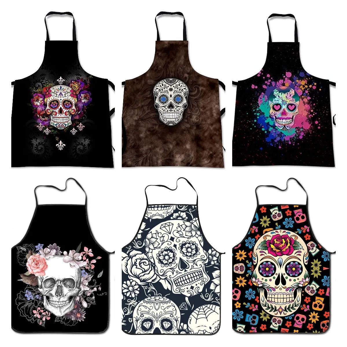 Tablier de cuisine avec crâne de sucre d'halloween, doux du mexique, tabliers de Chef imprimés en 3D pour la cuisine domestique, tabliers de cuisine noirs, taille unique