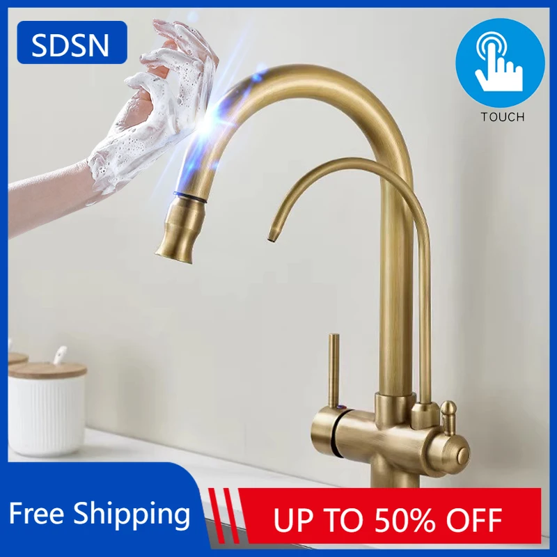 Robinets d'évier de cuisine avec filtre tactile Antique, 3 voies, eau Pure, chaud et froid, mitigeur d'évier de cuisine, robinet de cuisine extractible tactile intelligent