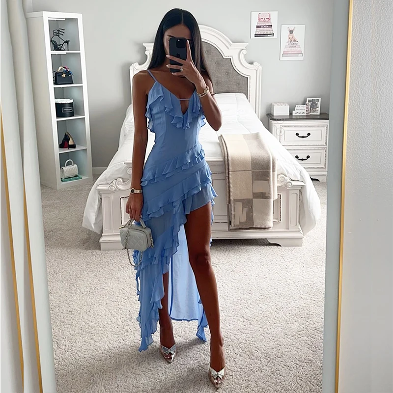 Abito lungo sottile con volant con scollo a V da donna alla moda Abito da festa solido senza maniche casual Abito da sera irregolare con bretelle sexy Mujer