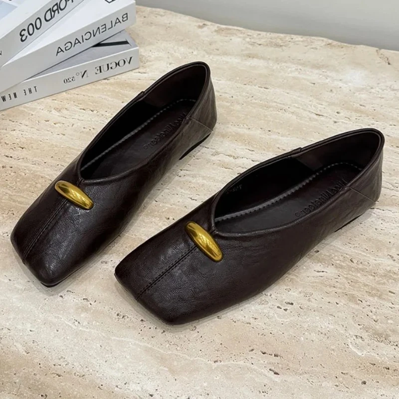 Luxury Metal Decorations Low Heel Pumps Women Fashion Square Toe Shallow Flat Loafers Light Comfortable Commuting Office Shoes