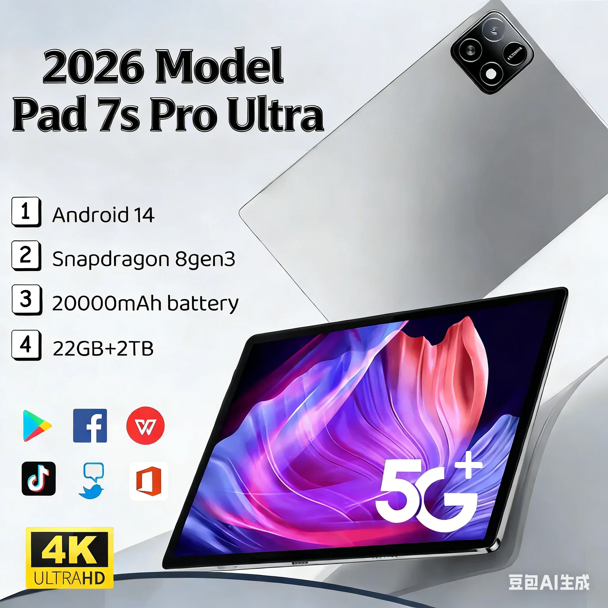 2026 New Original Global Edition Tablet PC Pad 7 Pro with Snapdragon 8gen3 Android 14 HD 4K 22GB + 2TB Dual SIM 5G and WIFI