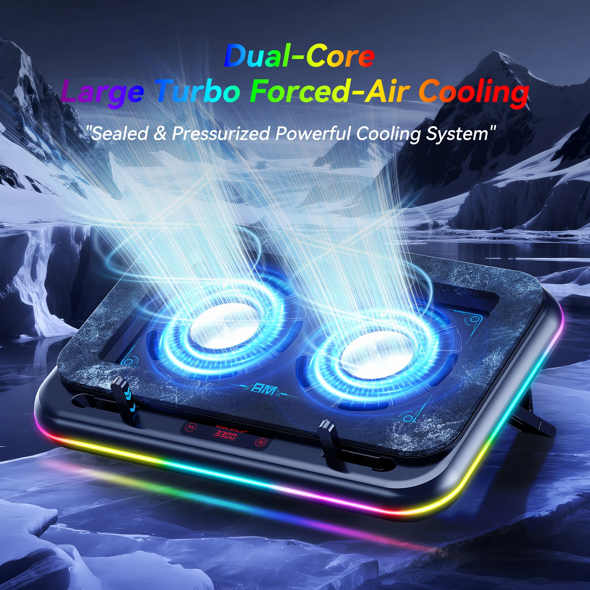 COOLCOLD RGB Laptop Cooling Pad, Gaming Laptop Cooler with Dual Powerful Turbofan, Fast Cooling Laptop 15.6-17inch Notebook