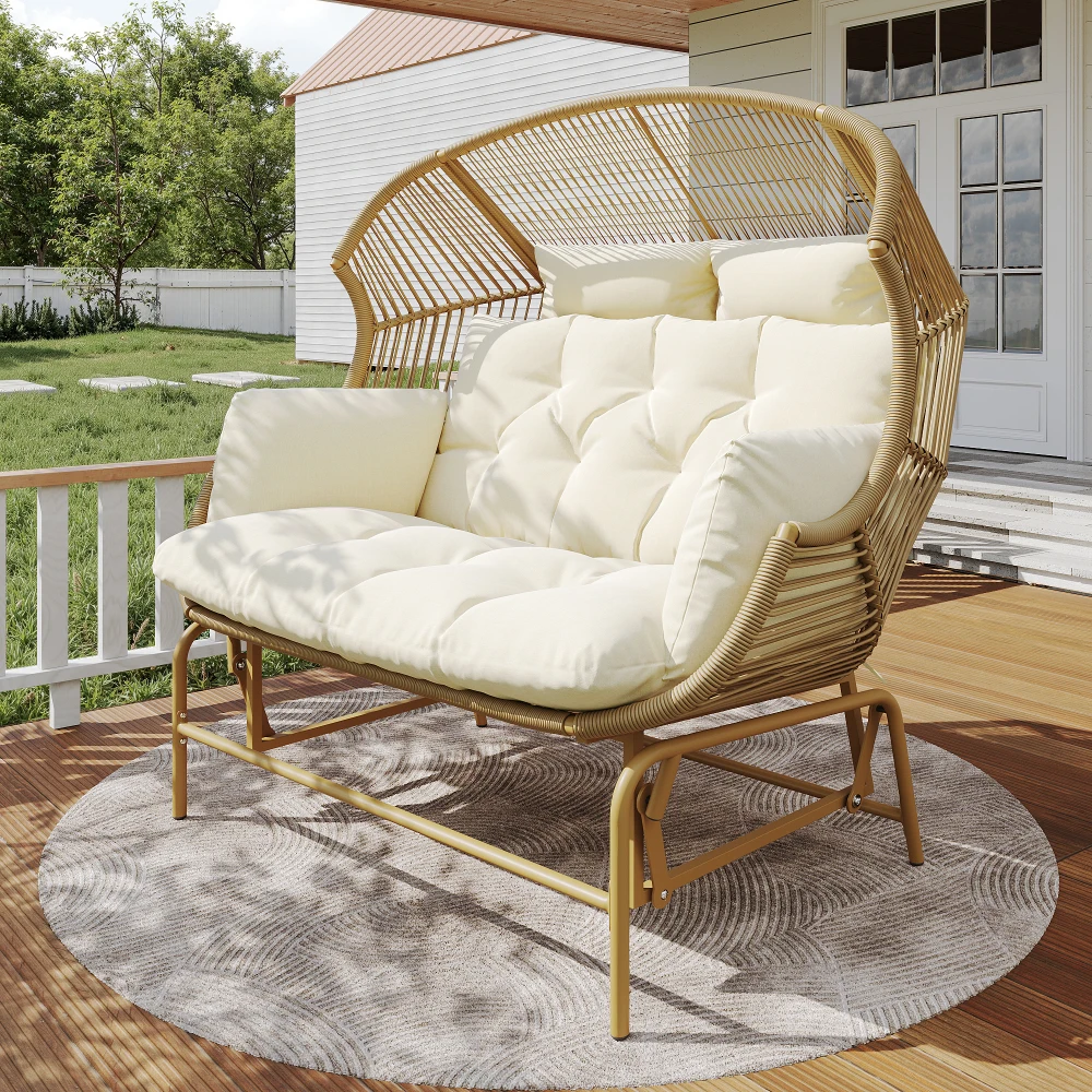 PINGGO Garden Rocking Chair for Two, Patio Hanging Chair, Outdoor Swing Egg Chair, Rocking Chair, Garden Swing, Beige