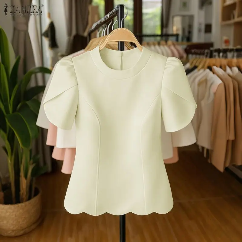 ZANZEA Camicetta da Donna Estiva a Maniche Corte a Sbuffo Casual Tinta Unita Stile Coreano 2026 Moda Girocollo Ampia Elegante per Ufficio Blusa Top