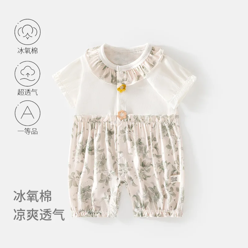 Baby Kurzarm-Strampler Baby Sommer Eiskalt-Weicher Baumwoll-Strampler Dünner Baby-Einteiler Säuglings-Klimaanlagen-Kleidung Strampler mit Lätzchen Image