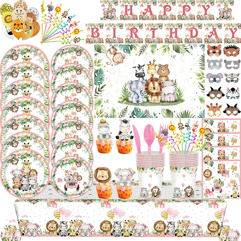 Dschungel Tier Geburtstag Dekoration Geschirr Tasse Teller Servietten Luftballons Hintergrund Banner Rosa Thema Deco Kinder Gefälligkeiten Zubehör Set Image