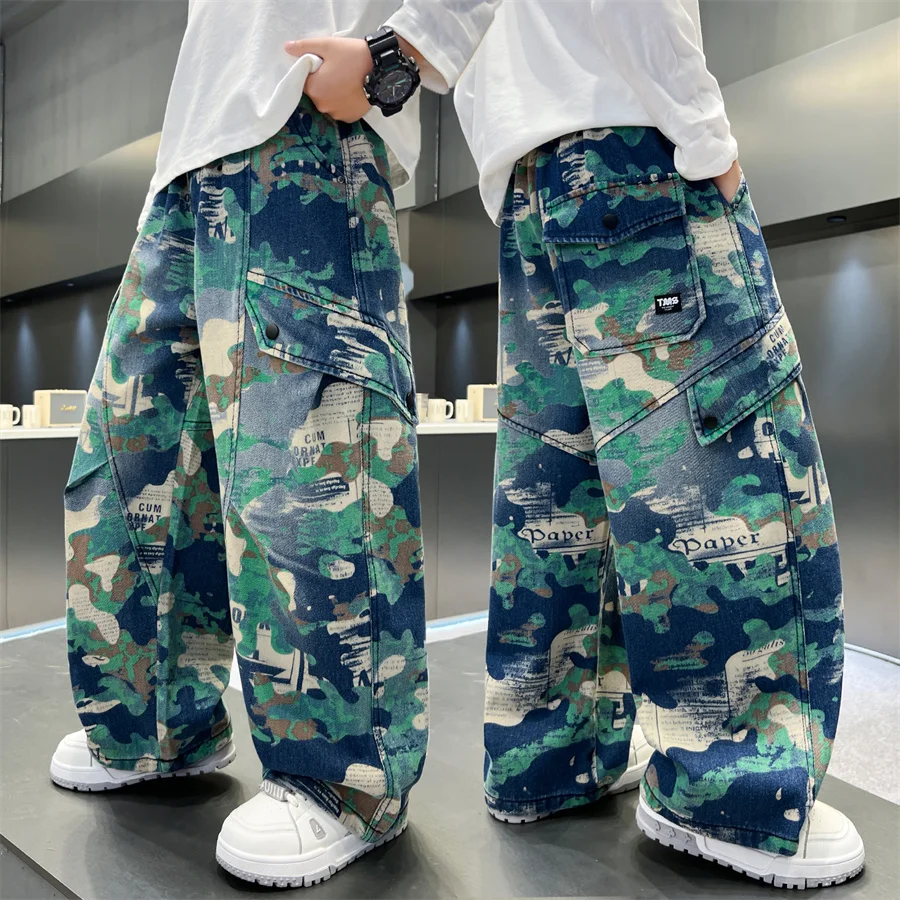 Neue Stylische Kinder-Camouflage-Jeans für Teenager Hip-Hop Mode Grüne Tarnhosen Kinder-Streetwear 5-14 Jahre
