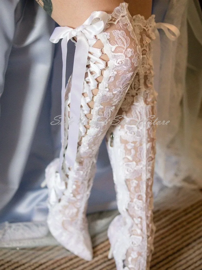 Sexy Beige Spitze High Heel Band Hochzeit Schuhe Elegante Spitzschuh Bowknot Cross Strap Lange Stiefel Koreanische Damen Kleid Schuhe