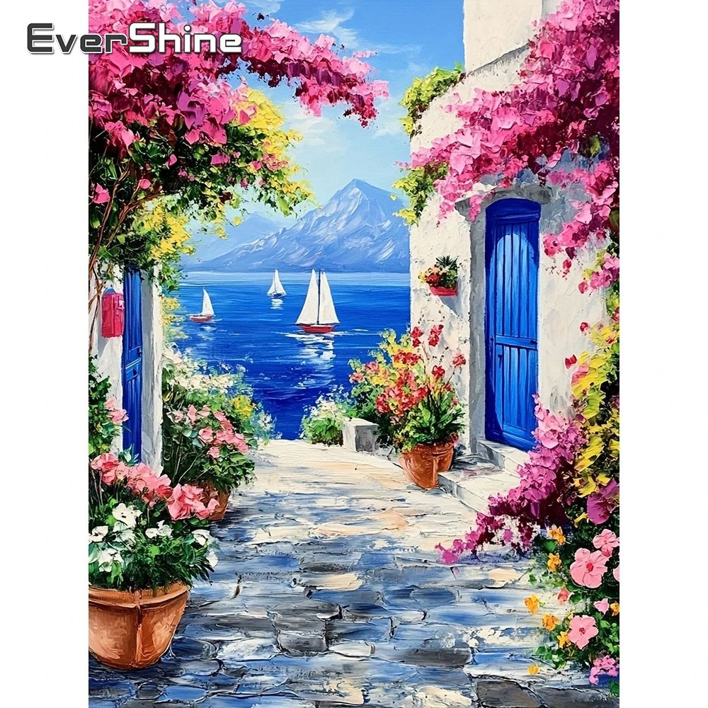 Evershine Voll-Diamant-Stickerei Küstenlandschaft 5D Gemälde Blumen-Strass-Bild Mosaik Boot Handgemachtes Geschenk Image