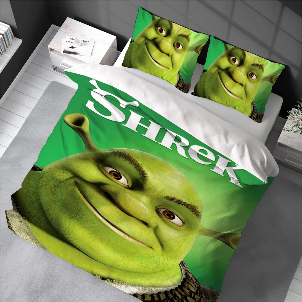 S-Shrek Cartoon Lustiges Bettbezug-Set im Heimstil, weiche Bettwäsche aus Baumwolle, 3-teiliges Set, Geschenk für Studentenwohnheime Image