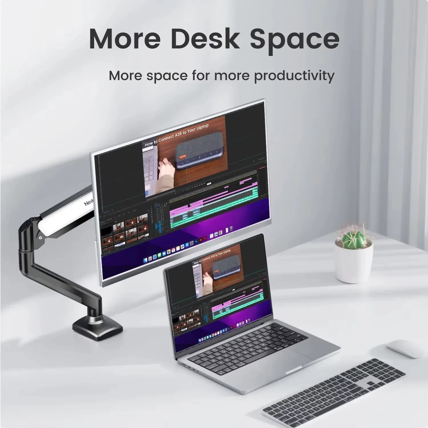Nearhub Schwarz-Weißer Monitorarm Einzelarm mit C-Klemme und Ösenmontage, Flexibel Einstellbar, Mühelose Installation Monitorhalterung Image
