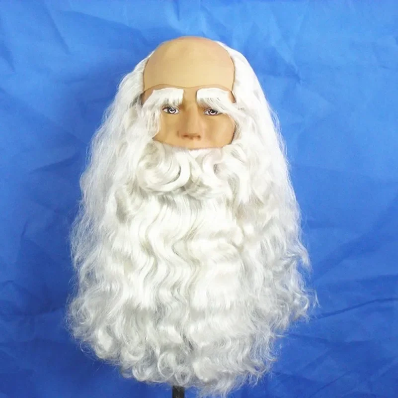 Lange gewellte Weihnachtsmann-Perücke, weißes Weihnachtsmann-Bart-Set, ausgefallene Halloween-Cosplay-Perücke für Weihnachtskostüm Image