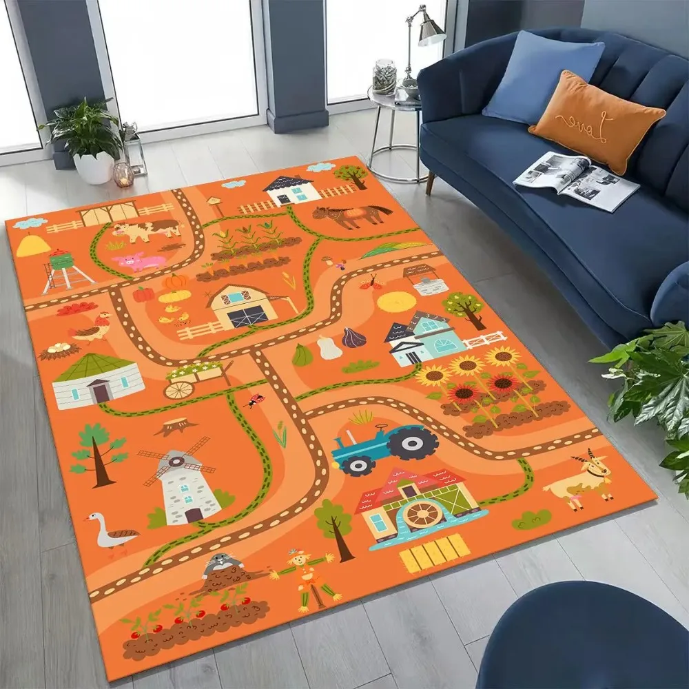 Bauernhof-Cartoon-Spielmatte für Kinder, Lehrreiche Verkehrsrouten-Matte, Rutschfester Waschbarer Teppich, Weicher Kinderzimmer-Teppich 2026