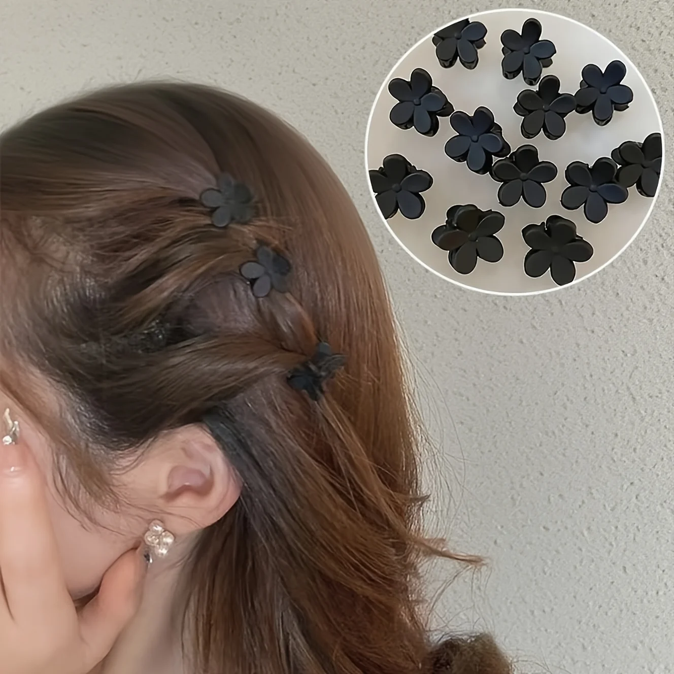 30/50/100 Stück – Mini-Blumenklammern in Schwarz | Kunststoffmaterial | Geeignet für niedliche Haarstyling-Accessoires-Sets für Mädchen. Image