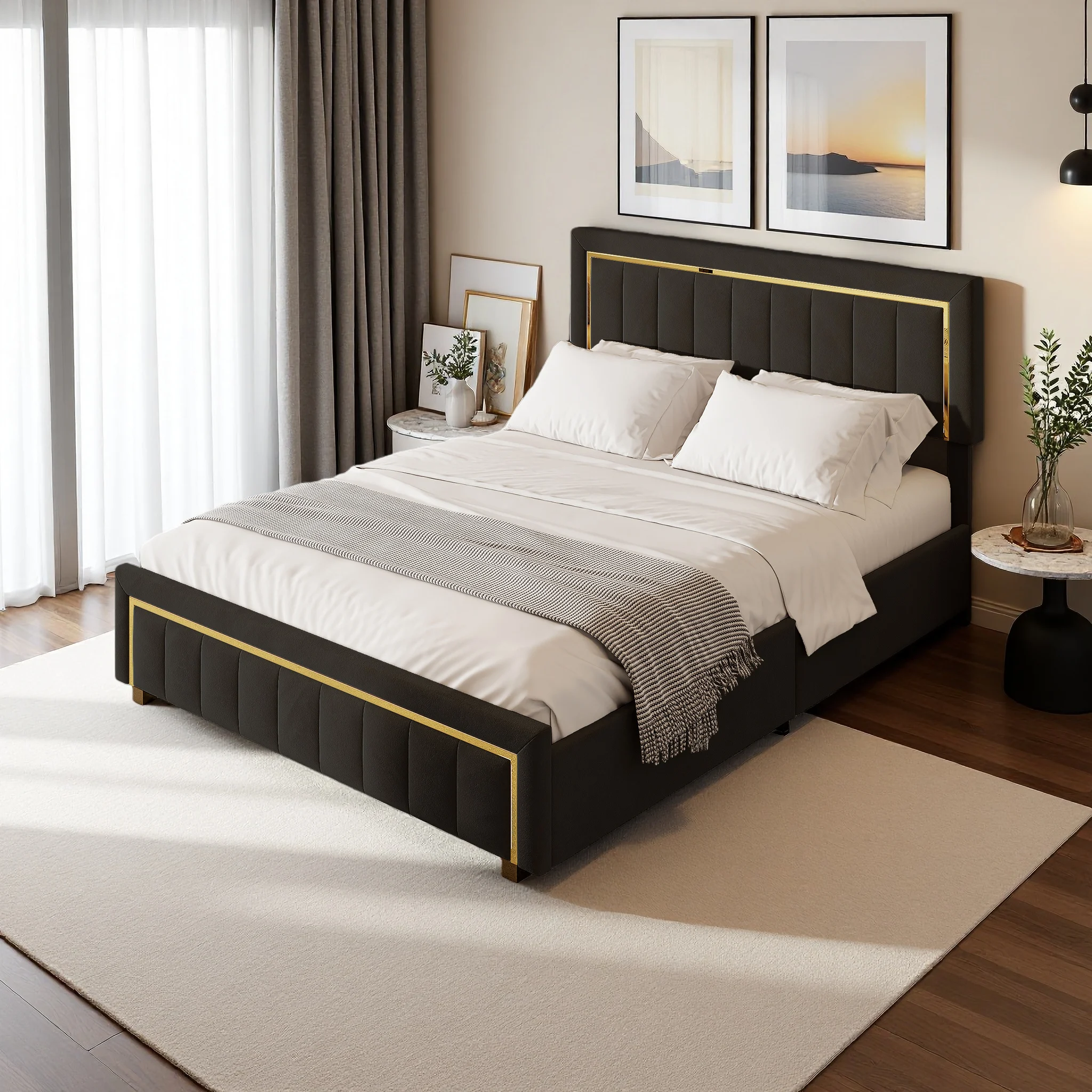 Anajqaqia 140×200cm Hydraulisches Bett, gepolstertes Stauraumbett, Erwachsenenbett mit Lattenrost und Rückenlehne am Kopfteil, Samt, Schwarz Image