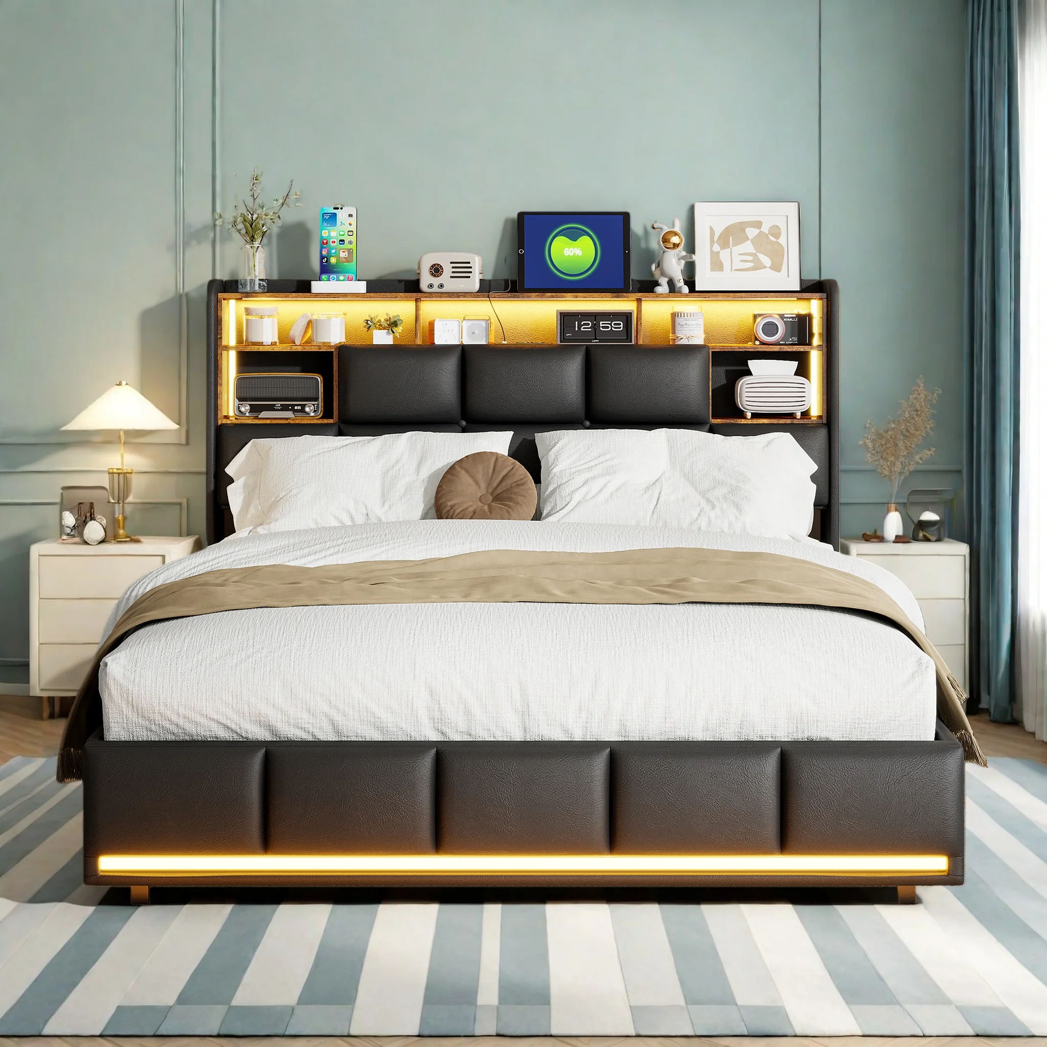 Rosahqnda Polsterbett 140x200cm mit hydraulischem Stauraum, Steckdosen und LED-Beleuchtung, Bettgestell mit Bettkasten Image