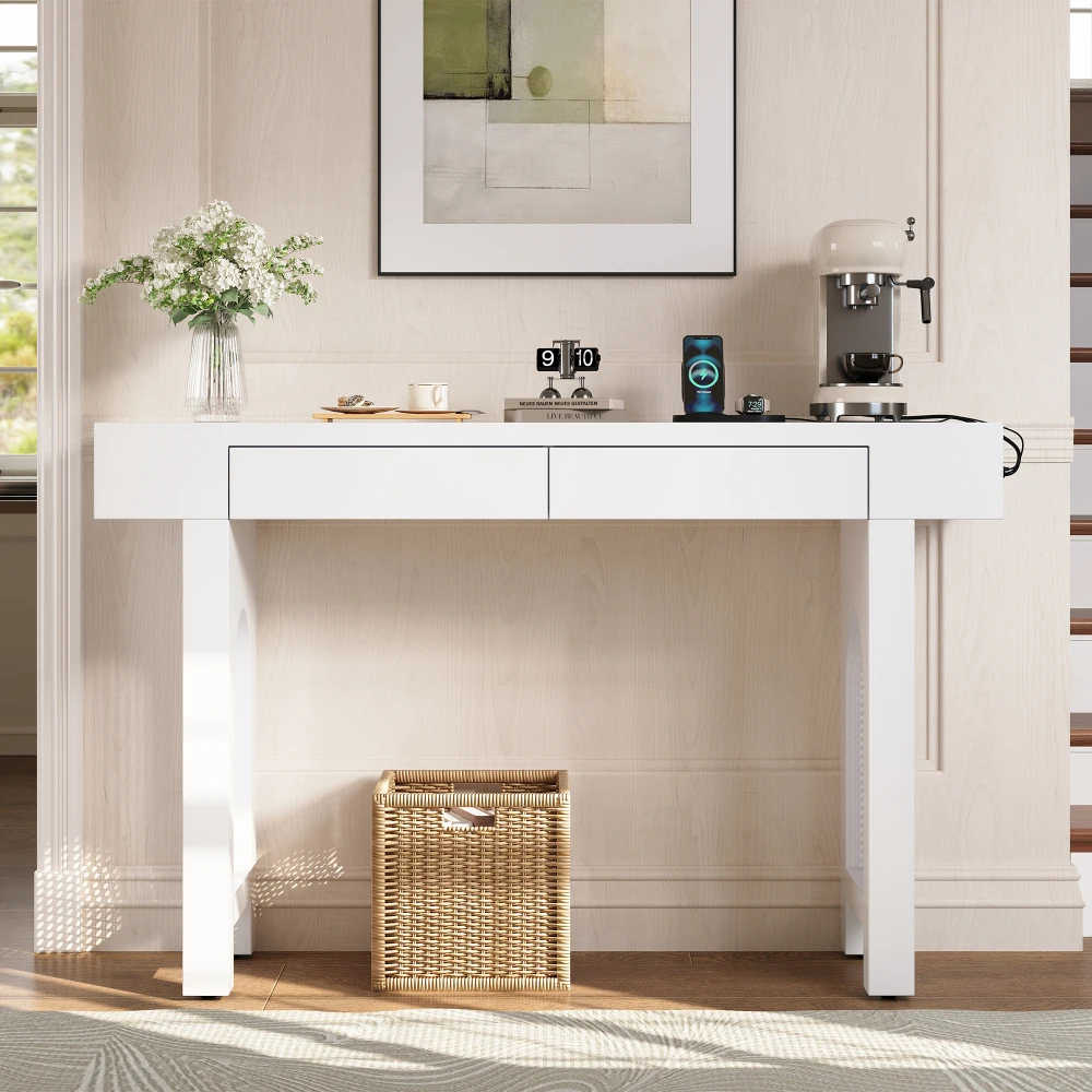 Schmaler Konsolentisch für den Eingangsbereich mit Aufbewahrungsschubladen & Steckdosenleisten, Sideboard im Gitterdesign mit verstellbaren Fußpolstern