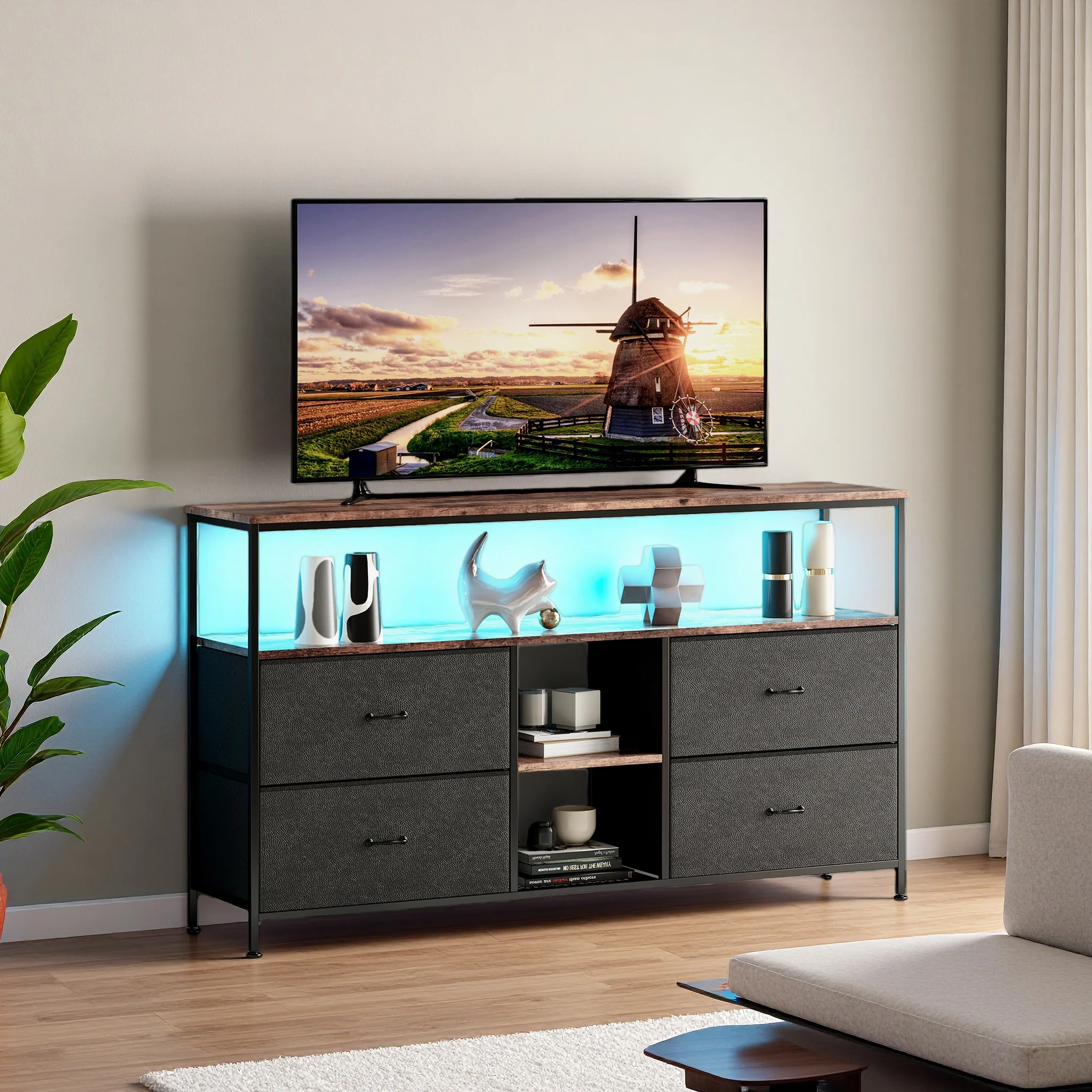 Superaly TV-Schrank mit Stauraum, LED-Lichtleiste, Lowboard für Fernseher mit 4 Stoffschubladen, TV-Board und TV-Tisch, 108cm
