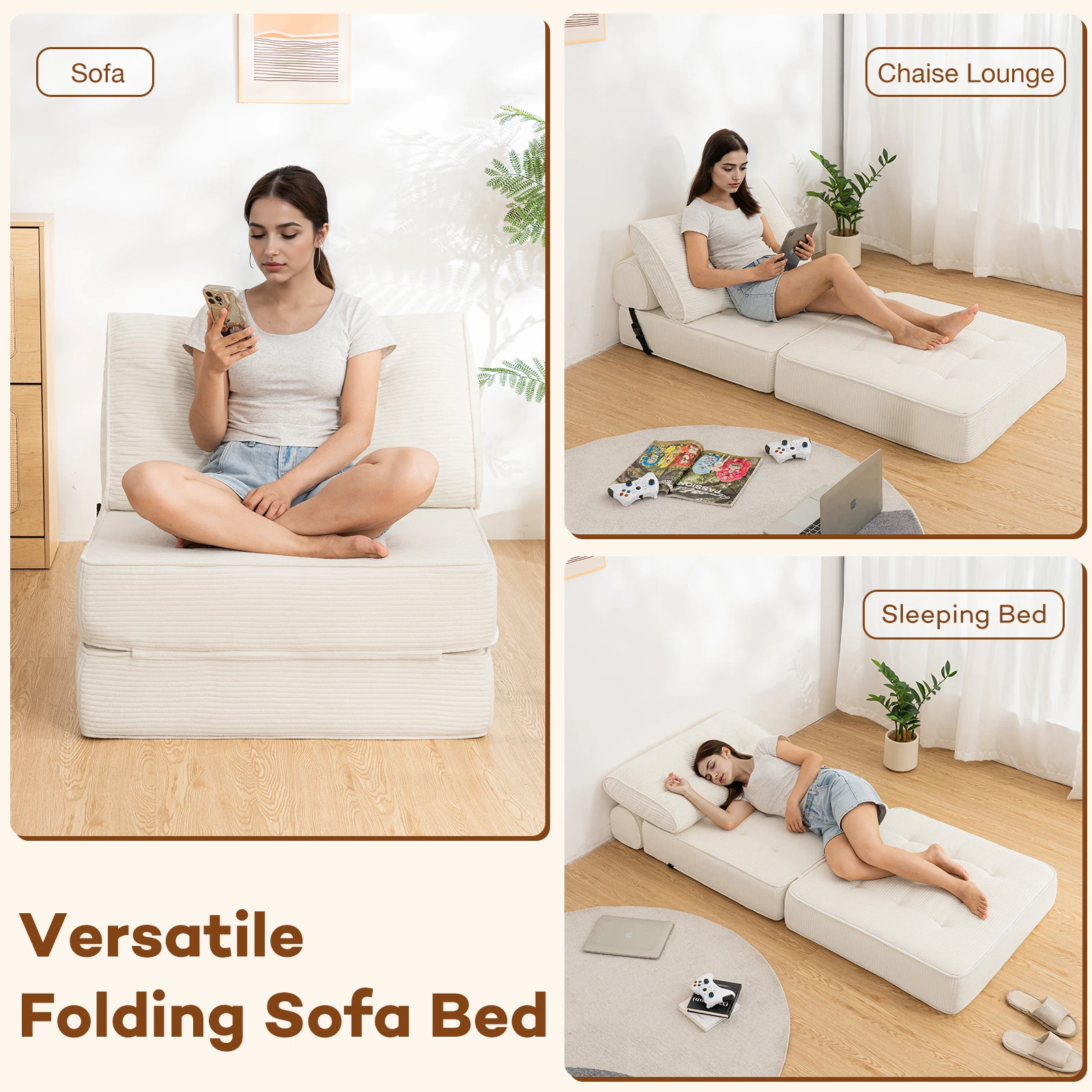 Klappbares Einzel-Schlafsofa 3-in-1 Konvertierbares Schlafsofa mit Kissen Bodensofa-Lounge für Schlafzimmer Wohnzimmer Image