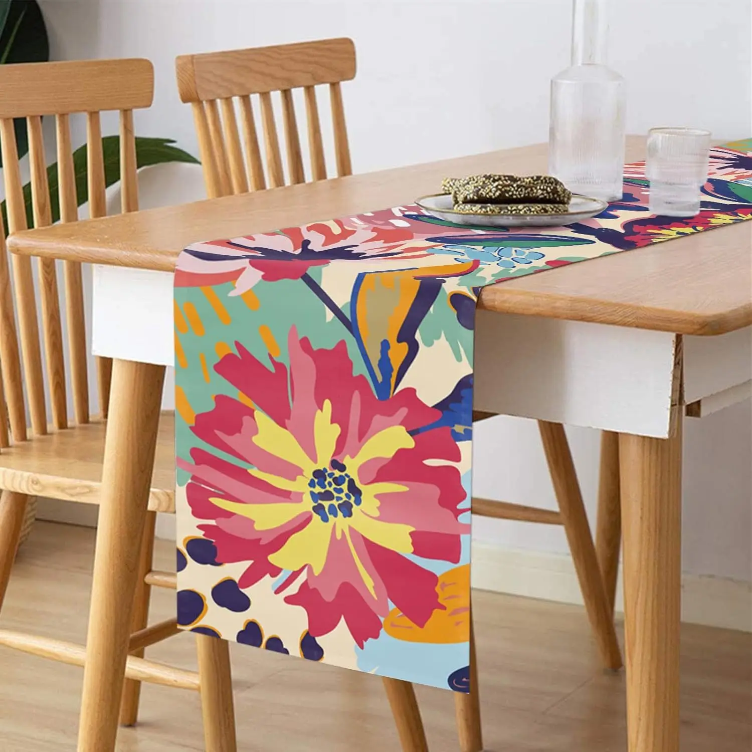 1 Stück bunter floraler abstrakter Kunst-Tischläufer mit rosa, gelb, blau und orangefarbener Farbton, geeignet für Hochzeiten in der Küche, Partys Image