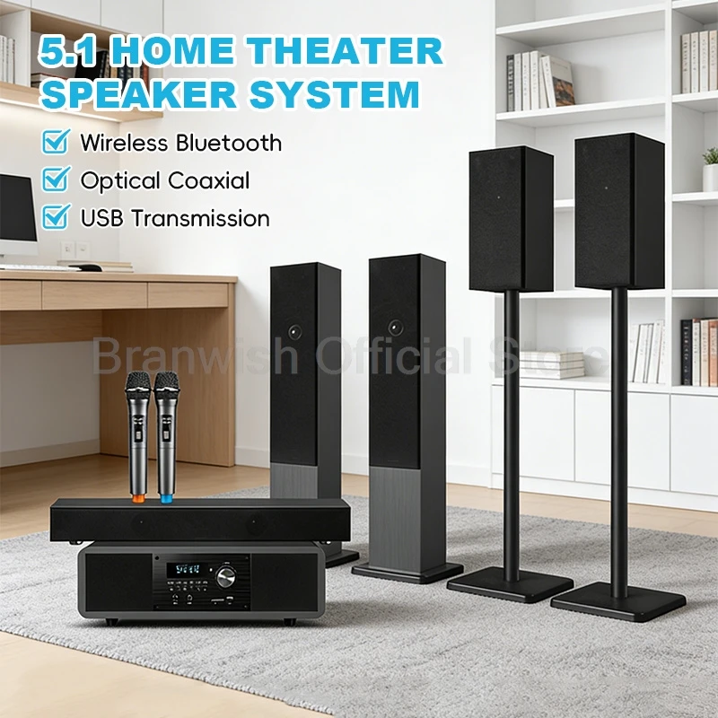 5.1-Kanal-Heimkinosystem, 200 W Spitzenleistung, Subwoofer, Bluetooth 5.0, kabelloses Mikrofon, Wandlautsprecher für Heim-KTV Image