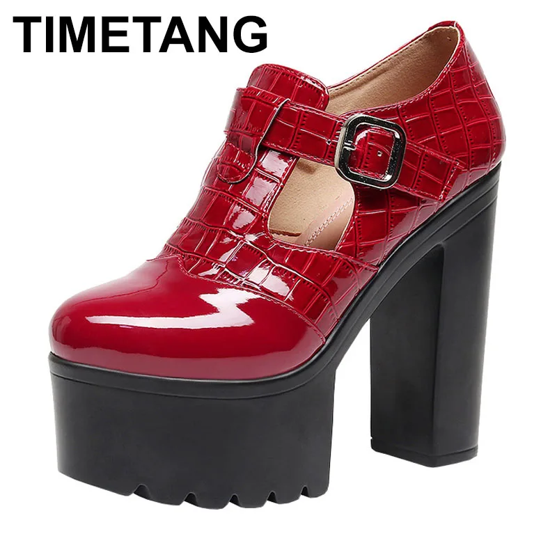 14 cm Kleine Größe 32-43 Vintage Patent Leder Mary Janres Plattform Pumpen Frauen Trend Frühling Block High Heels Schuhe modell