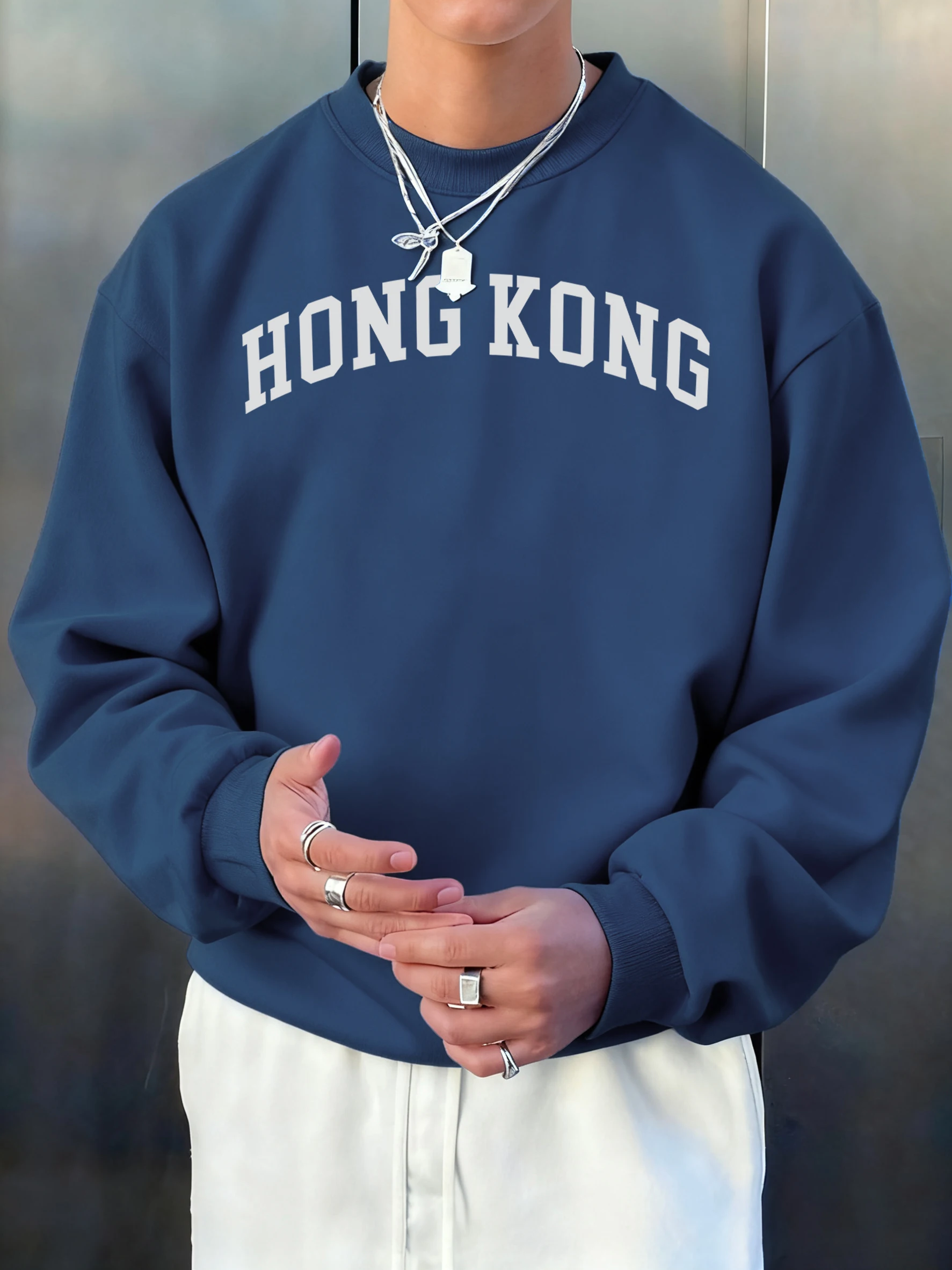 Hong Kong Letter Creative Printing Herren-Sweatshirt, Fleece, lockerer Vintage-Pullover, Herbst-T-Shirt, All-Match, O-Ausschnitt, Unisex, weiche Kleidung