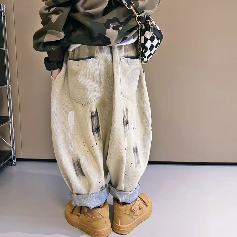 Lange Hip-Hop-Hose für Jungen im Frühjahr/Herbst 2025, Größe 12–14, vielseitige Graffiti-Casual-Streetwear-Hose für Kinder