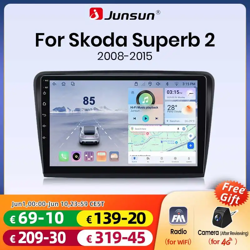 Junsun Android Wireless CarPlay Autoradio für Skoda Superb 2 2008-2015 Intelligente Systeme DSP SWC RDS GPS FM BT Image