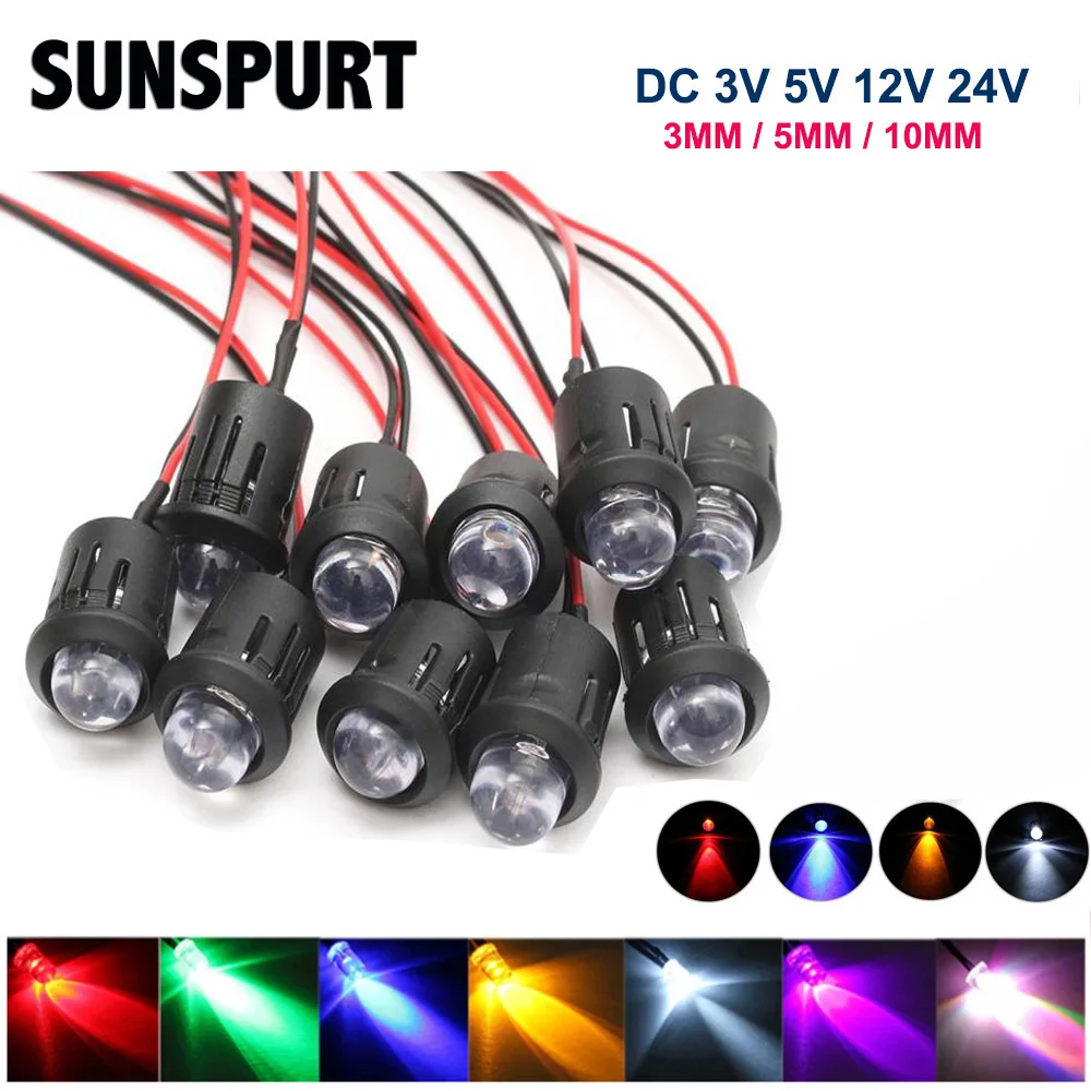 20–100 Stück 3 mm/5 mm/10 mm rot/grün/blau/RGB weiß UV DC12V 5 V 24 V runde vorverdrahtete wasserklare LED mit Kunststoffhalter