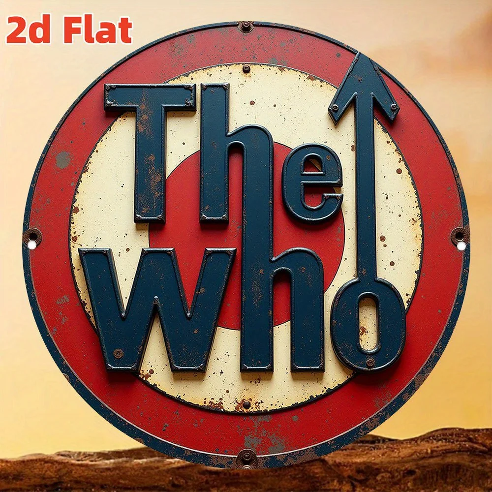 Vintage „The Who“ Retro-Rockband-Design mit ikonischem Pfeil-Logo, Distressed Red & Cream Finish & 2D Flat Style runde Metallblechdose S Image