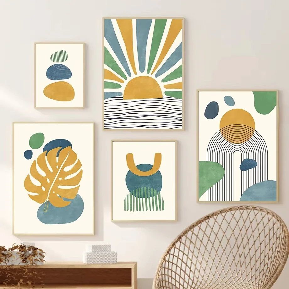Boho Sonne Regenbogen Mond Linie Blätter abstrakte Poster und Drucke Geometrie Wand Kunst Leinwand Malerei Bilder für Wohnzimmer Dekor Image