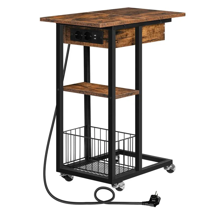 EBF022SF01G1 Beistelltisch mit Ladestation, Klappbarer C-förmiger Sofatisch, Couchtisch mit Rollen und Ablage, Nachttisch für L Image