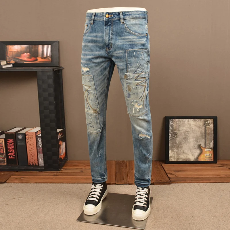 Straße Designer Mode Männer Jeans Retro Blau Stretch Stickerei Gepatcht Schlank Zerrissene Jeans Männer Y2K Hip Hop Vintage Denim Hosen