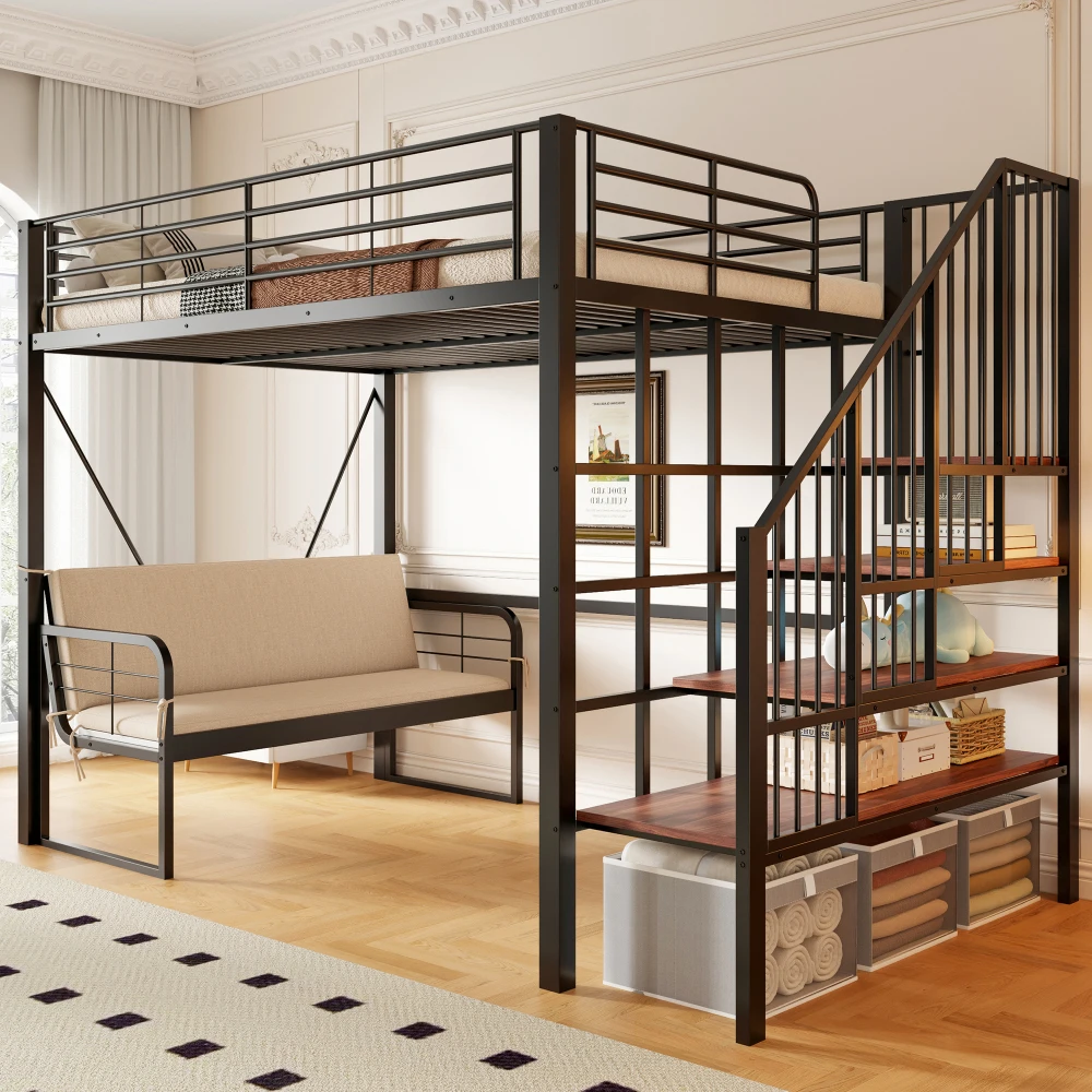 Robustes Metall-Etagenbett 140x200cm Gepolstertes Schlafsofa mit Stauraum & Sicherheitstreppe Platzsparendes Bett für Kinder Jugendliche Erwachsene Image