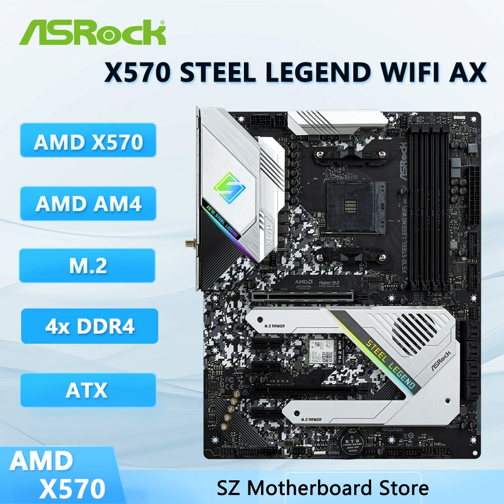 ASRock X570 STEEL LEGEND WIFI AX X570 Motherboard AM4 M.2 128GB DDR4 unterstützt Ryzen 5 5600 5900 3200 5700 CPUs. Image