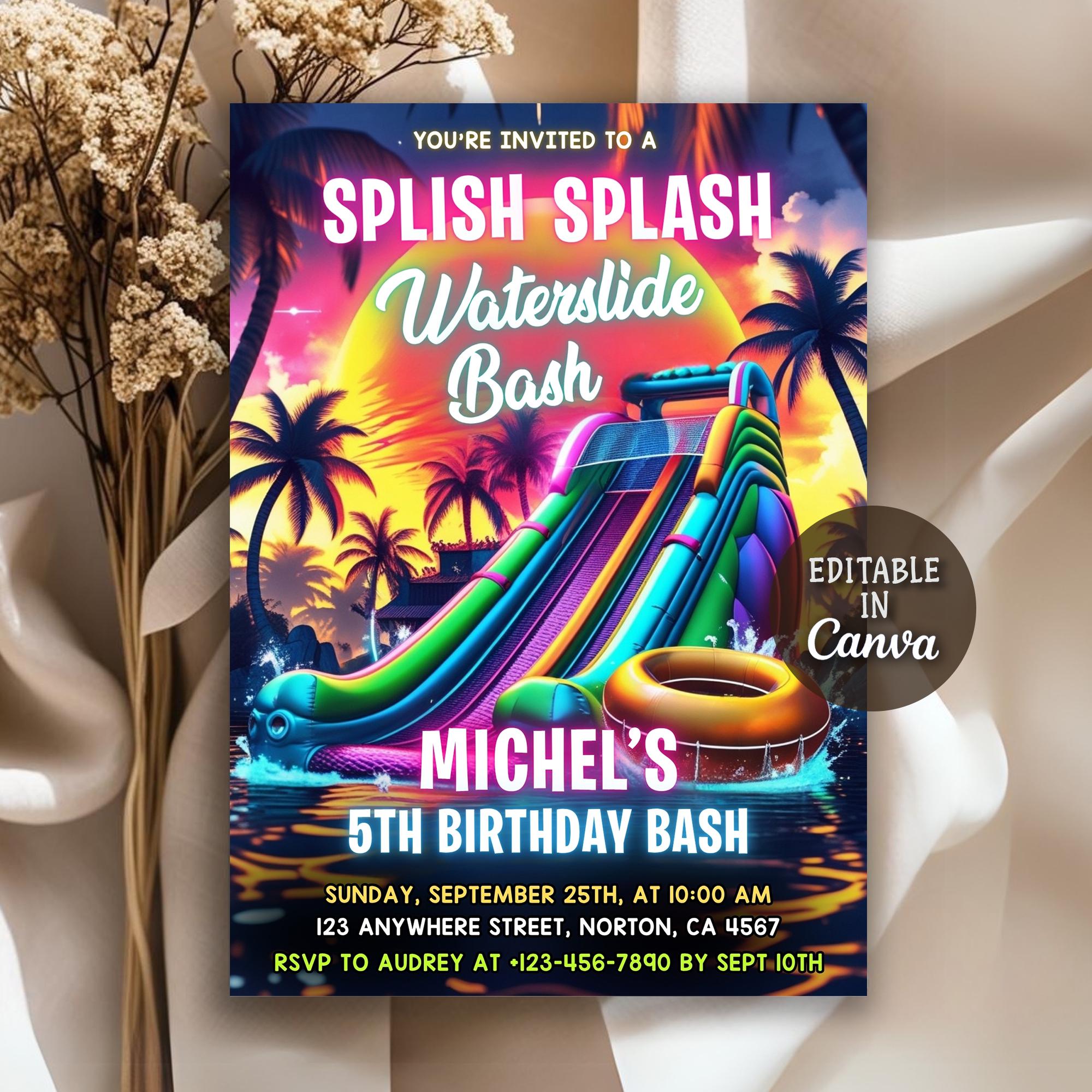Invito di compleanno con scivolo d'acqua, Festa con scivolo d'acqua, Invito con scivolo d'acqua, Festa estiva in piscina, Invito per festa con scivolo