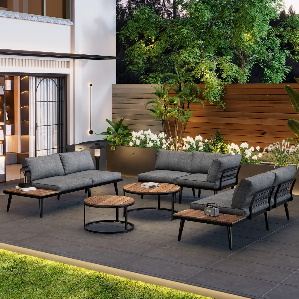 Ensemble de salon de jardin pour 5-6 personnes, mobilier de jardin, canapé d'extérieur, table basse, structure en fer galvanisé, pour terrasse et jardin