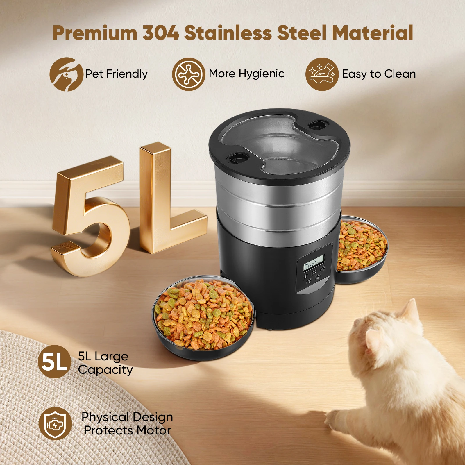 Distributeur automatique de nourriture pour chiens et chats 5L, 2 bols, conteneur de nourriture pour chats, automatique, distributeur en acier inoxydable, distributeur de nourriture pour chats,