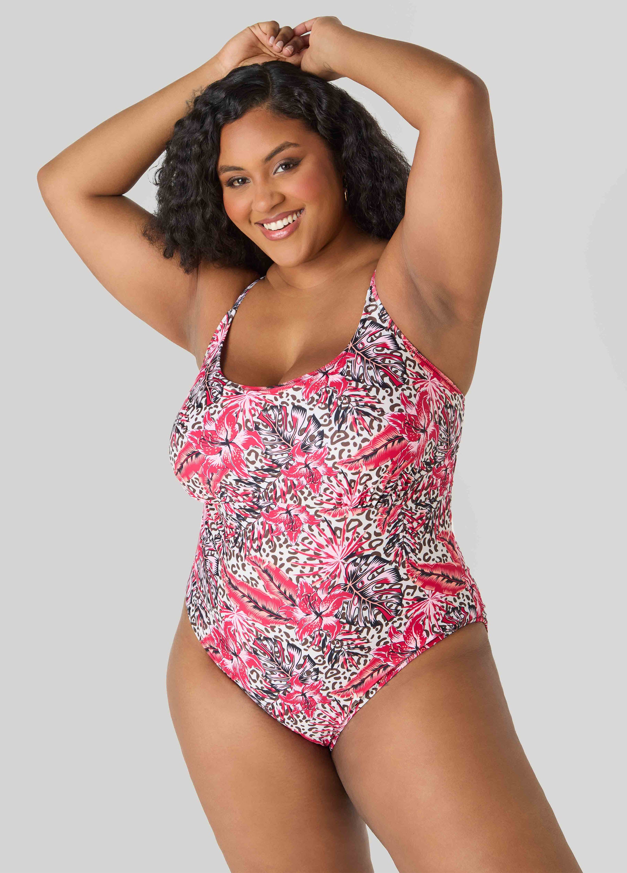 Plus Size Leopard And Floral Print Swimsuit