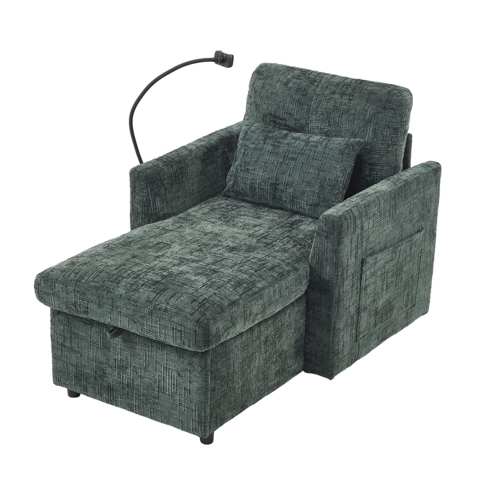 Divano/poltrona verde smeraldo con supporto per telefono e cuscino.