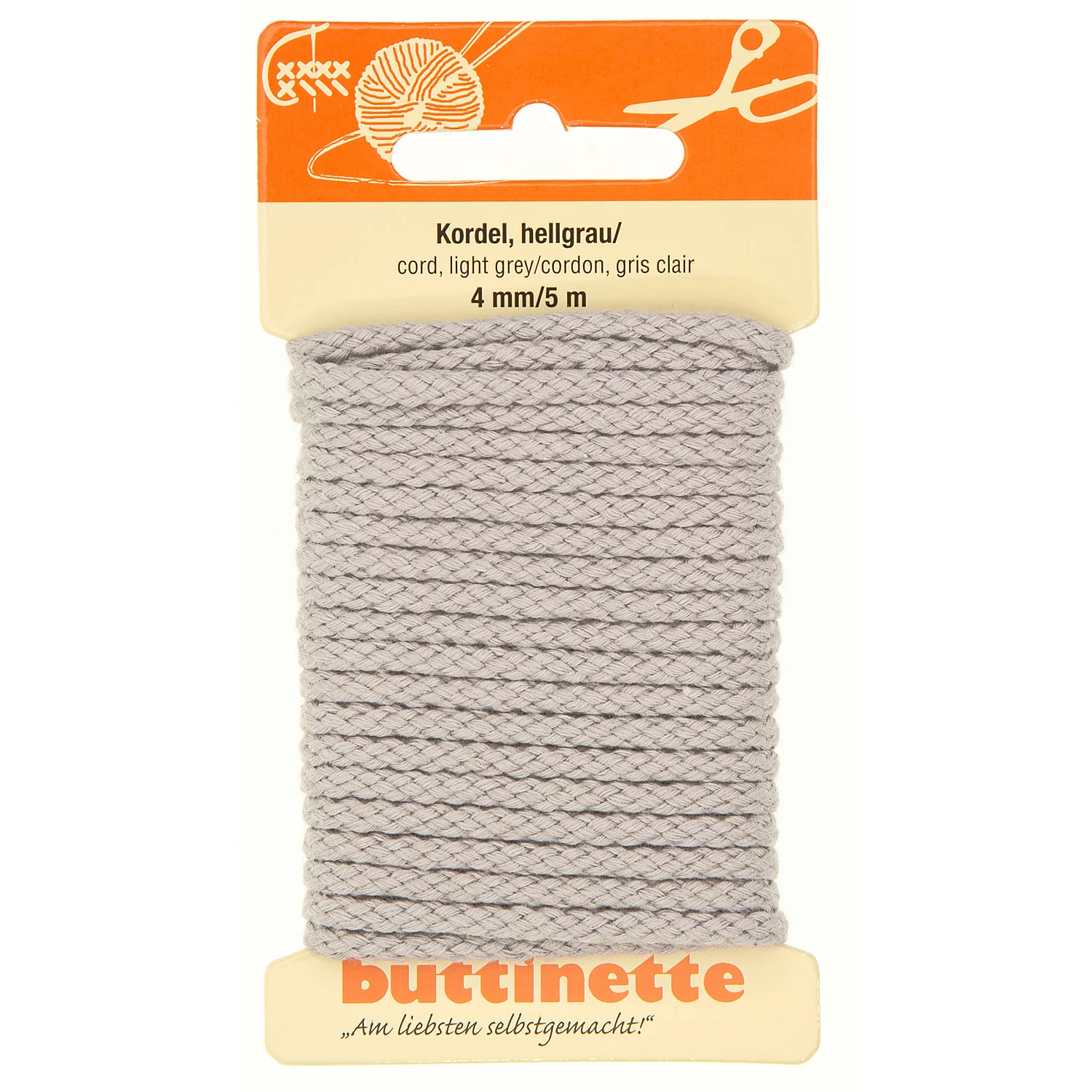 buttinette Baumwoll-Kordel für Bekleidung, hellgrau, 4 mm Ø, Länge: 5 m