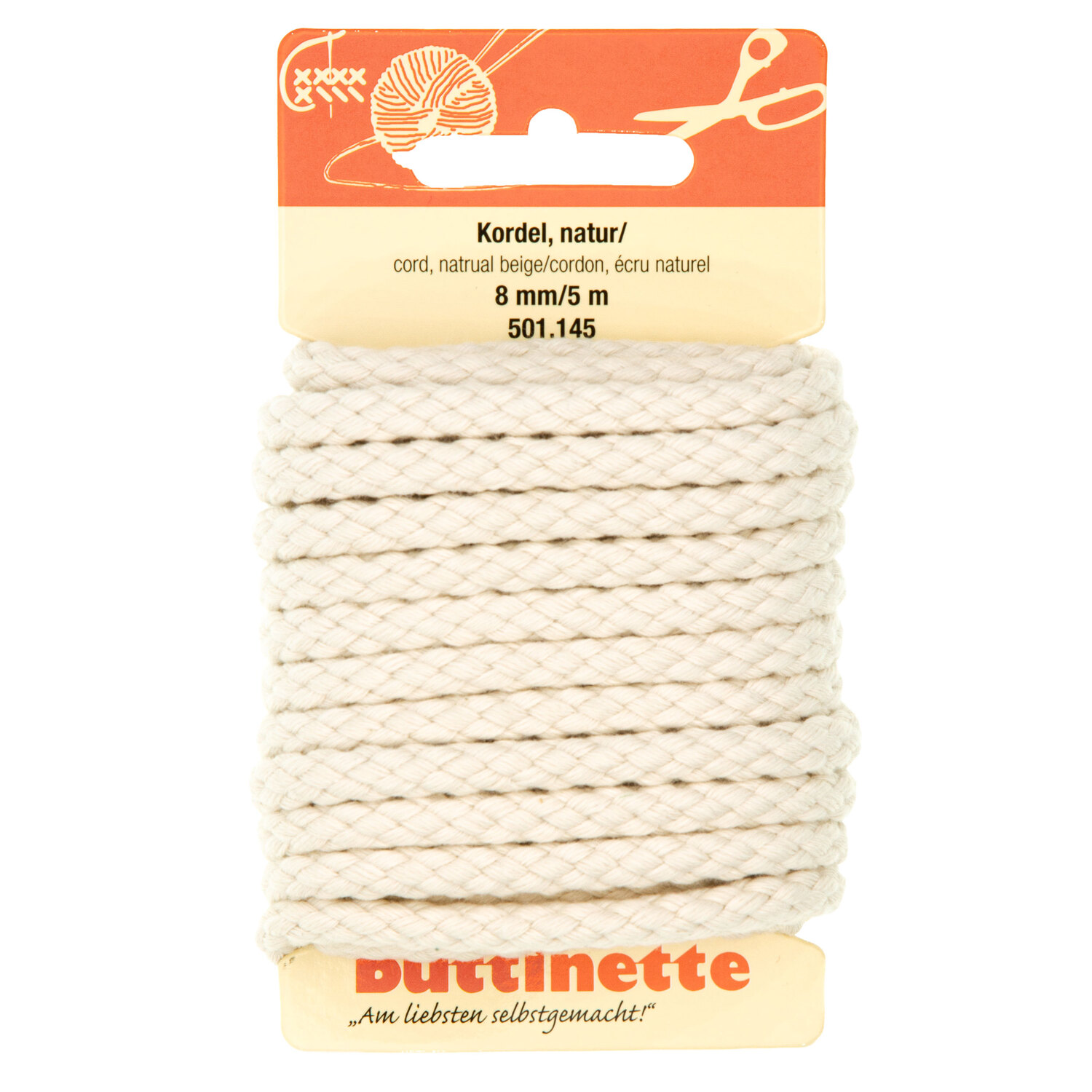 buttinette Baumwoll-Kordel für Bekleidung, natur, 8 mm Ø, Länge: 5 m