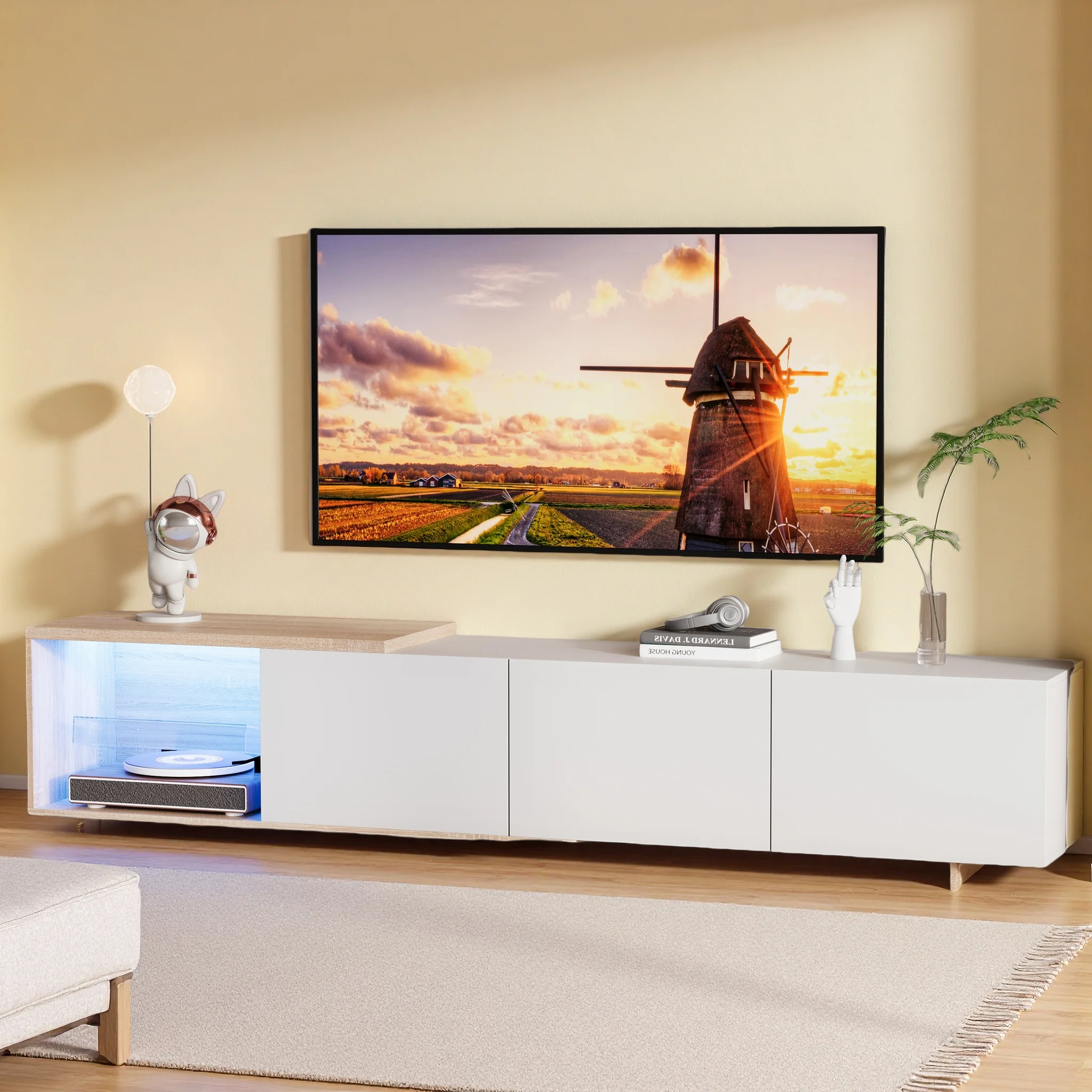 Meuble TV Rosahqnda avec éclairage LED, finition brillante, éclairage LED, 3 tiroirs, meuble TV avec espace de rangement, meuble TV bas